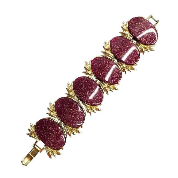Vintage Chunky MCM Sparkle Glitter Lucite Bracelet Purple Fuchsia Oval Goldtone - Picture 1 of 6